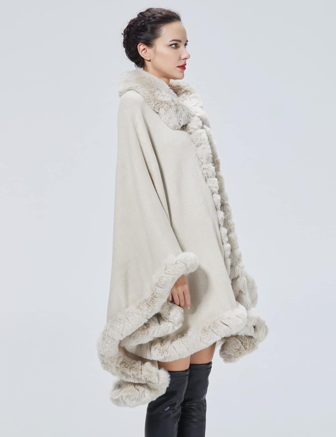Poncho Shawl Wrap Winter Faux Fur Cape Cloak Coat with Faux Fur Trim Sleeveless Cardigan for Party